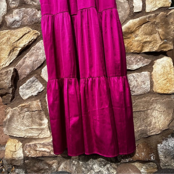 Natural Life Smocked Maxi Dress Satin Fuchsia Pink Size Small Tiered - Picture 7 of 8